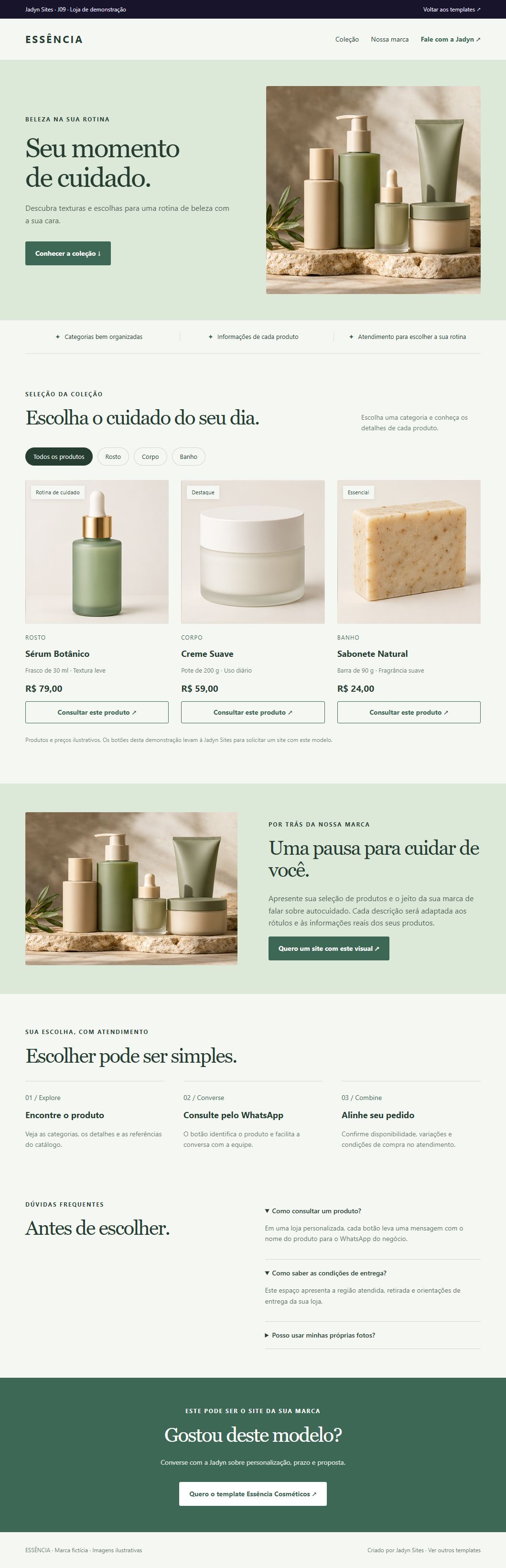 Página completa do template Essência Cosméticos