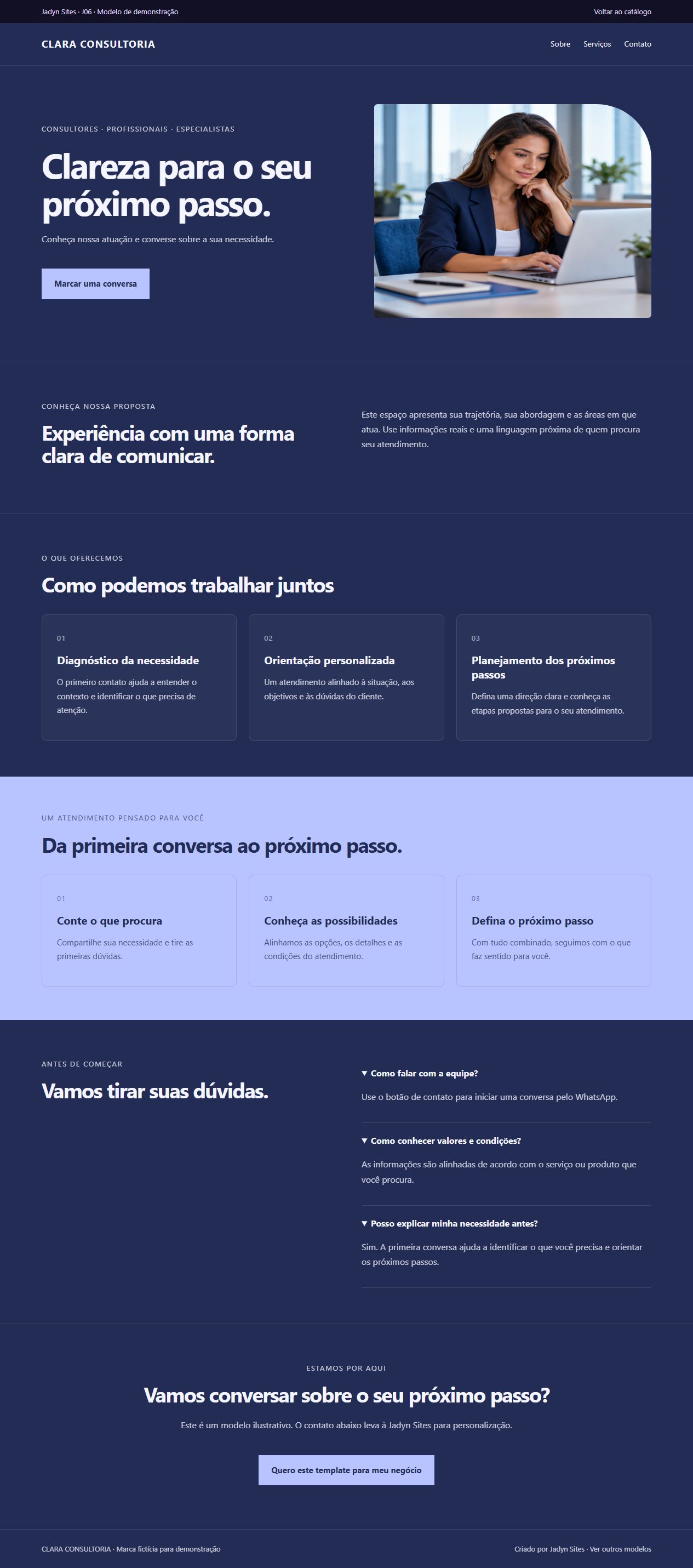 Página completa do template Presença Profissional