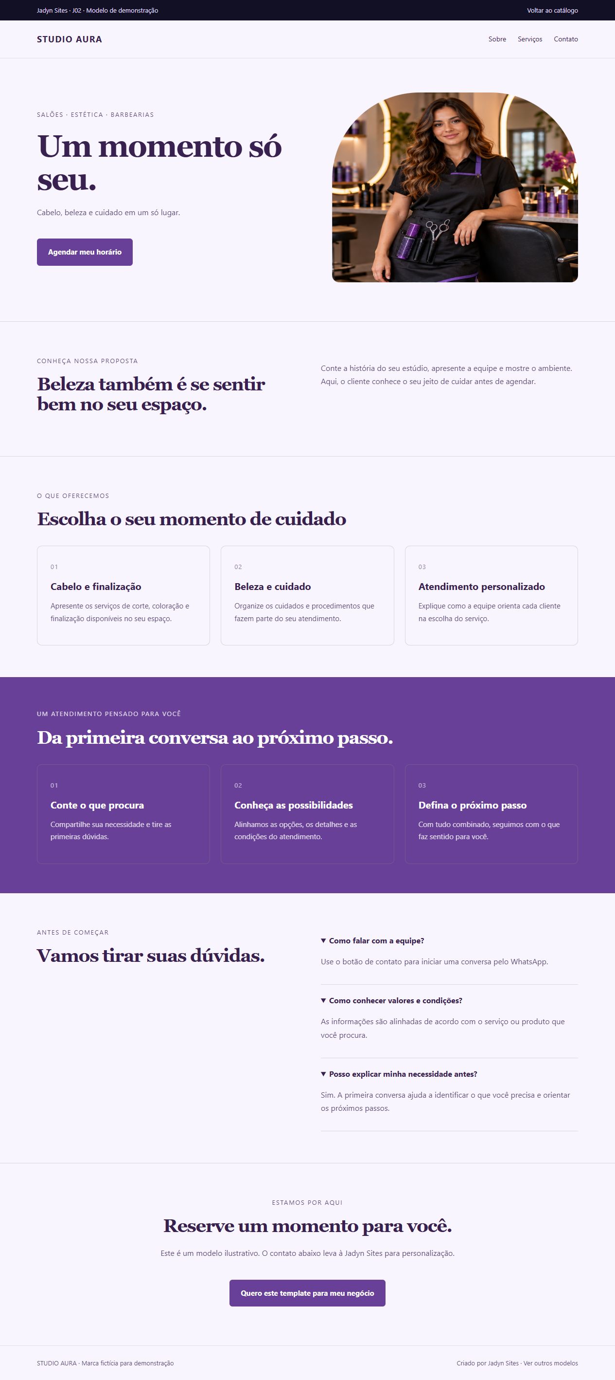 Página completa do template Studio Beleza
