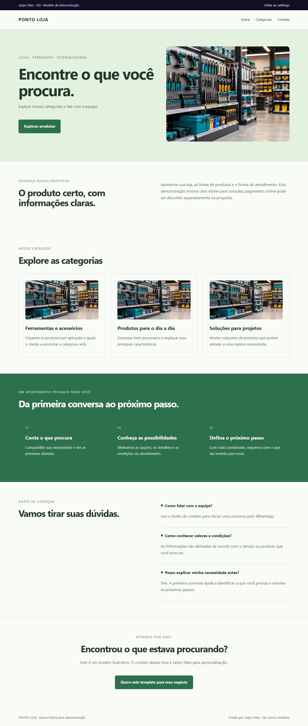 Página completa do template Vitrine Comércio